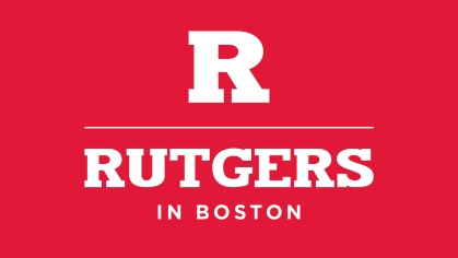"Rutgers in Boston" written out in white text over a red banner