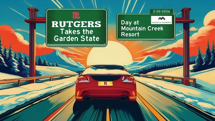 A winter landscape with a red car driving to the horizon under two green road signs reading "Rutgers Takes the Garden State: Day at Mountain Creek Resort"