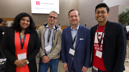 Left to right, Naveena Yanamala, director of the Center for Innovation at Robert Wood Johnson Medical School and Robert Wood Johnson University Hospital; Amazon Web Services leaders and Rutgers alumni Jared Saul and Leo Zhadanovsky; and, Jay Naik, RWJMS vice chair for clinical innovation, Department of Medicine