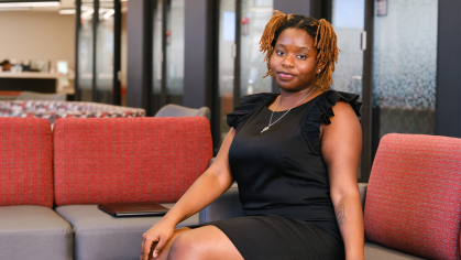 Rasheemah-Renée Austin in the student lounge at Rutgers–Newark Conklin Hall.
