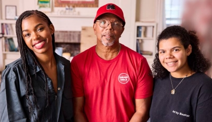 Mason Gross School of the Arts senior Jocelynn Hunter Dow, left, and recent graduate Beatryz Mendes Hornung, with Alonzo Adams.