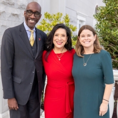 HDA inductee Judge Esther Salas, center, with Rutgers-Newark Interim Chancellor Jeffry Robinson and Rutgers Law School Dean Johanna Bond