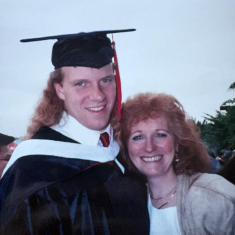 Bob McLynn and his mom enjoy his Rutgers graduation.